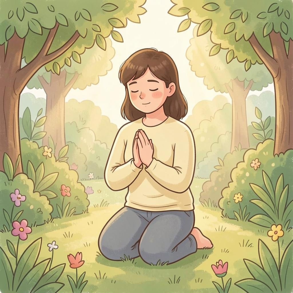 A person kneeling in a peaceful, sunlit garden with hands folded in prayer.
