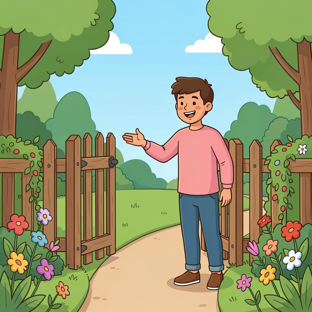 A person gesturing for a friend to follow them towards a bright garden gate.