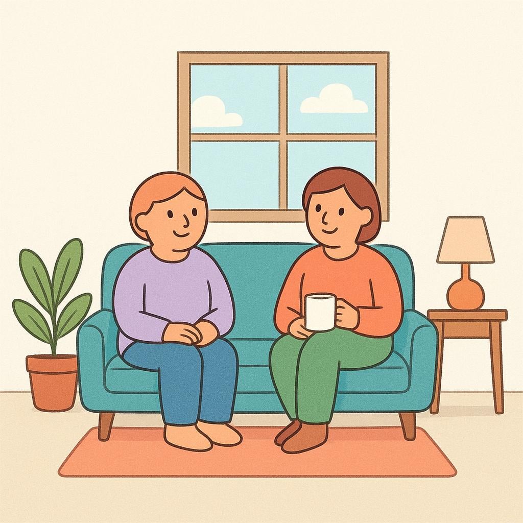 Two friendly characters sitting together on a couch in the living room of a small, brightly colored house.