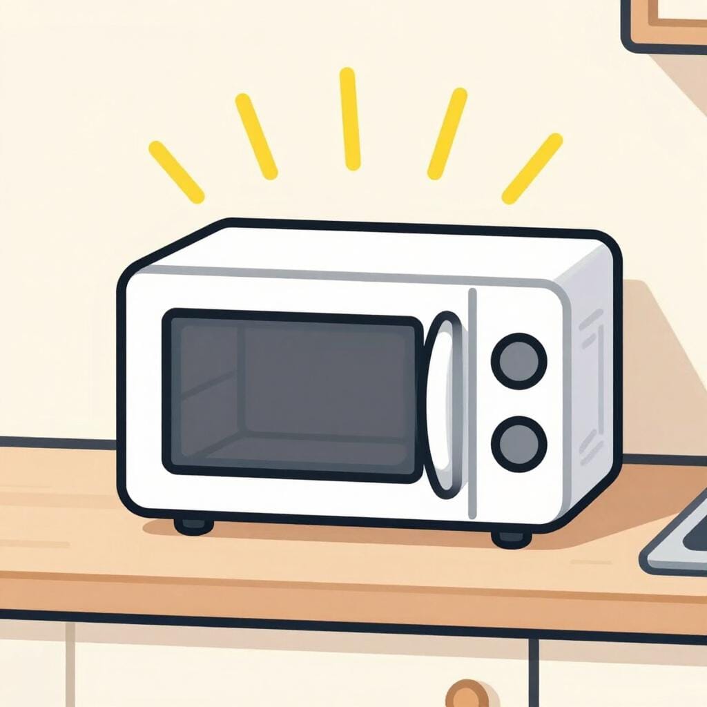 Un petit micro-ondes numérique sur un comptoir de cuisine avec des ondes sonores sortant de son écran.