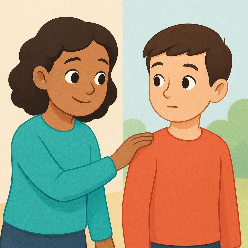 A character politely tapping another character on the shoulder to interrupt them and ask a question.