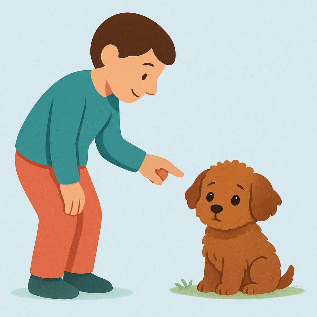 A simplified illustration of an adult figure gently pointing at a small, fluffy brown puppy sitting on the ground, signifying the act of giving it a name.