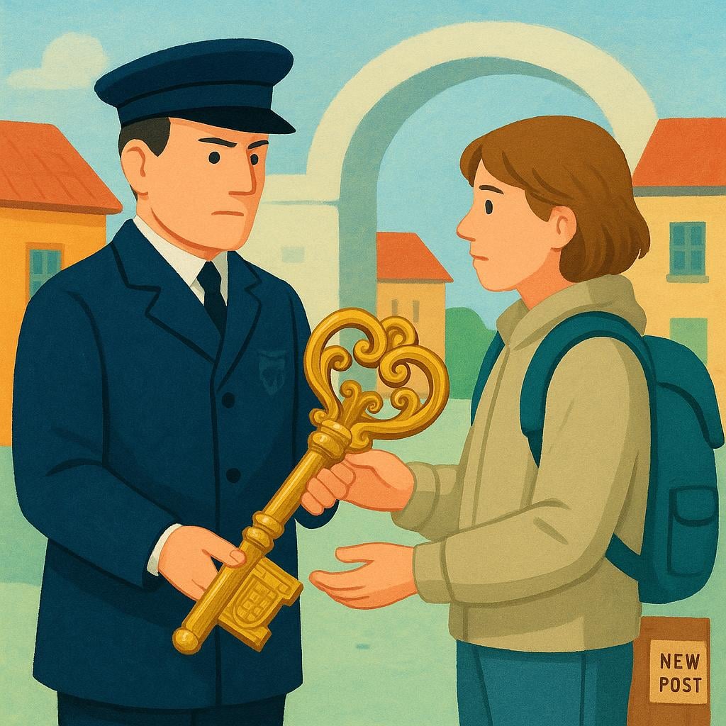 A scene where an official in a simple uniform hands a large, ornate brass key to another person wearing a backpack, symbolizing assignment to a new location.