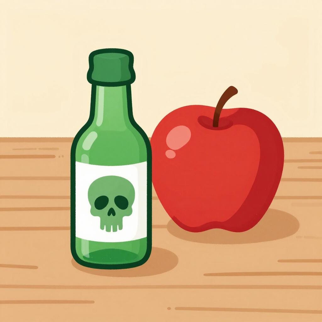 A colorful glass bottle with a skull and crossbones symbol on its label sitting next to a red apple.
