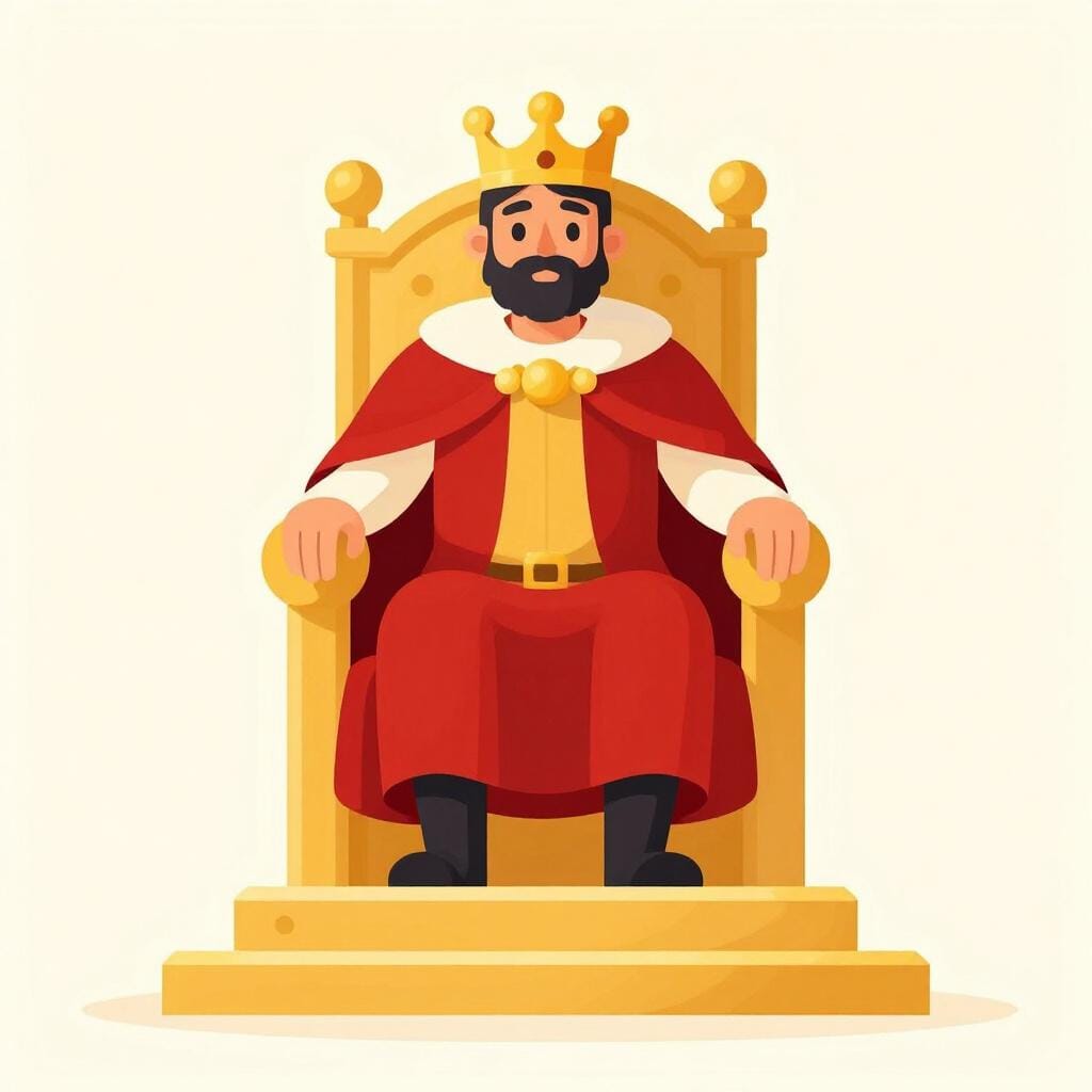 A king sitting on a high throne wearing a crown and fine robes, looking down at a lower platform.