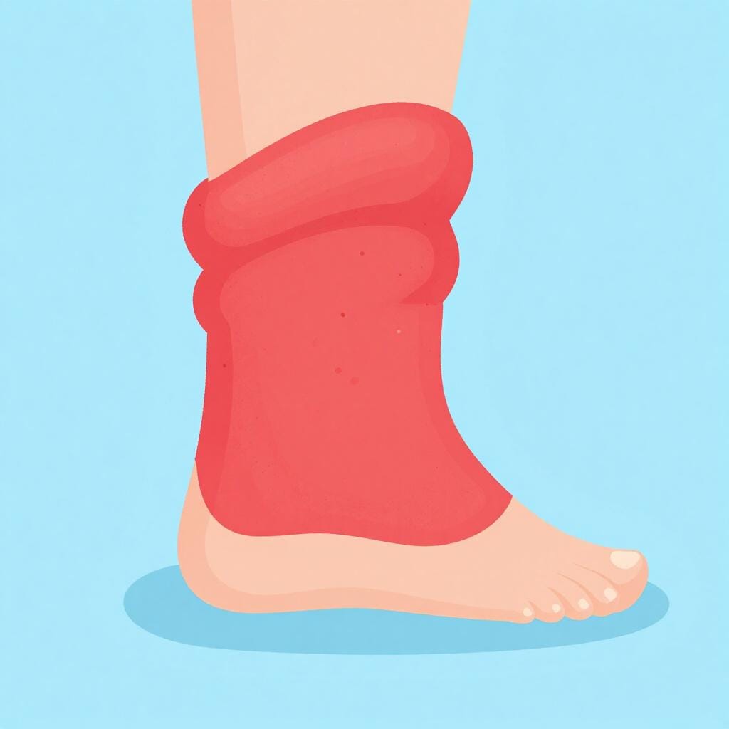 膨張して赤くなった、通常の足と比較して大きくなった人の足首のクローズアップイラスト。