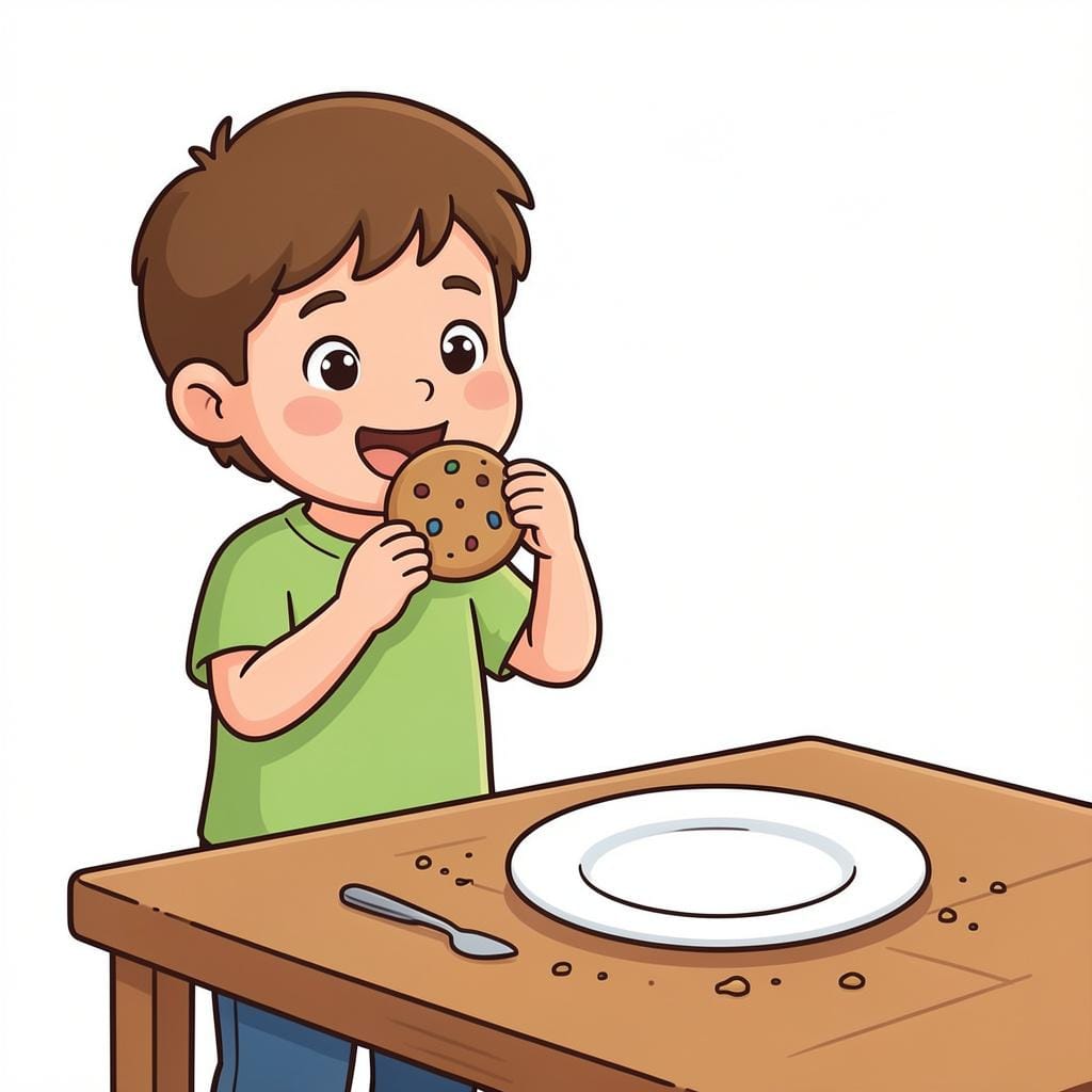 A child eating a cookie while standing next to an empty plate with crumbs.