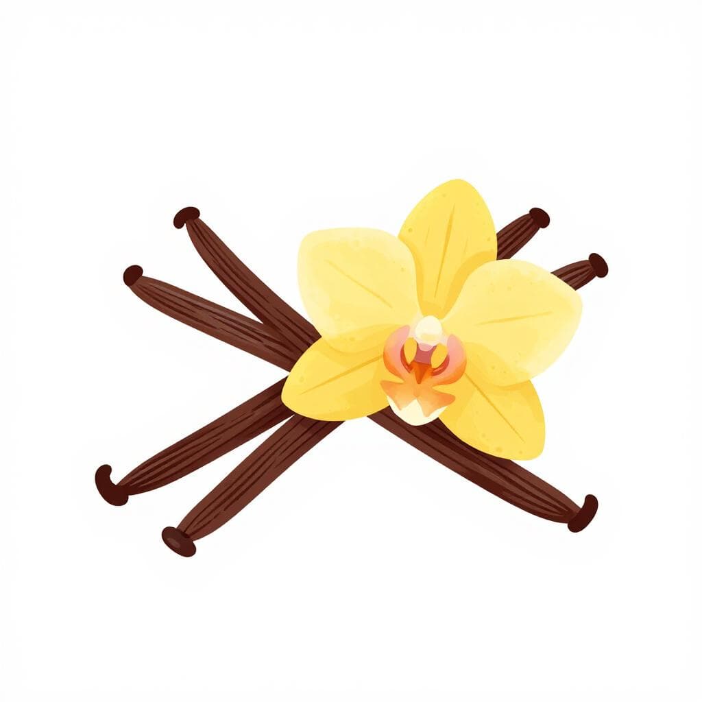 Um casal de favas de baunilha secas e uma pequena flor amarela de orquídea de baunilha sobre um fundo limpo.