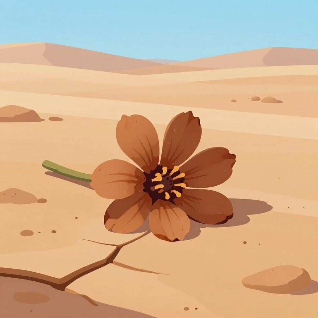 A single withered flower lying on dry, cracked earth under a harsh sun.