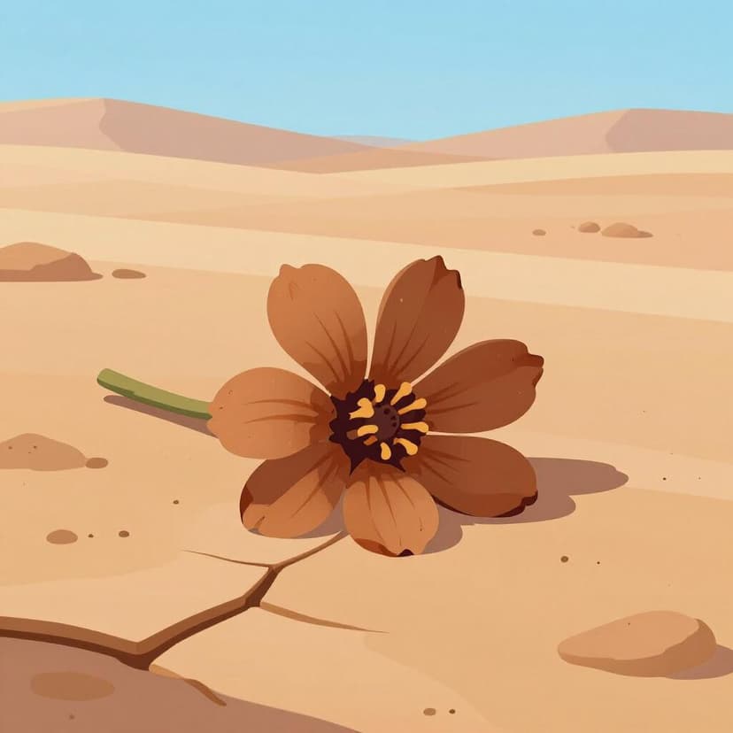A single withered flower lying on dry, cracked earth under a harsh sun.