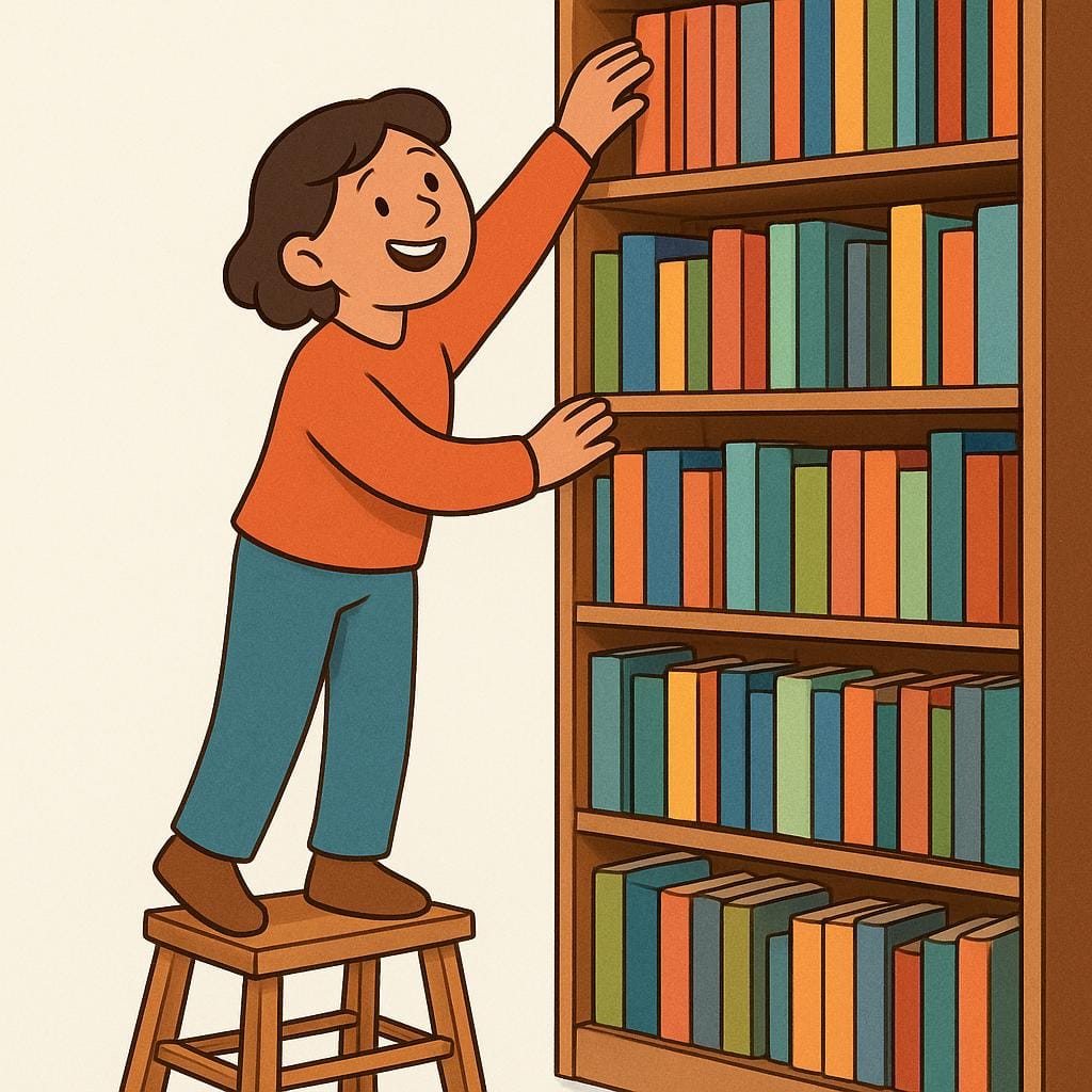 A person easily reaching a high book shelf by standing on a small, brightly colored step stool.