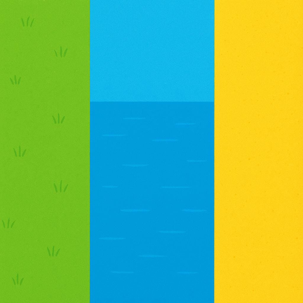 A simple illustration depicting a landscape divided into three distinct, clearly bordered areas: a green grassy zone, a blue water zone, and a yellow sandy zone.