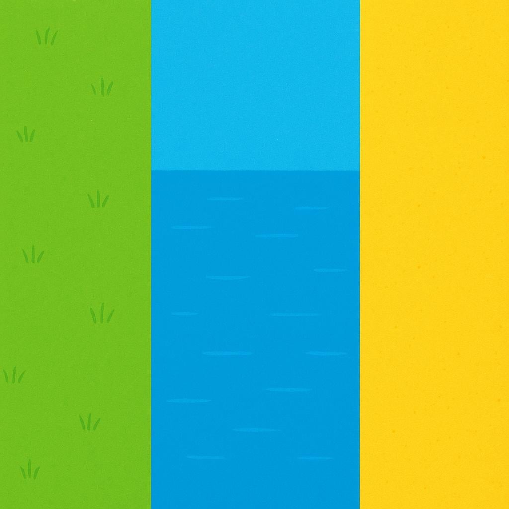 A simple illustration depicting a landscape divided into three distinct, clearly bordered areas: a green grassy zone, a blue water zone, and a yellow sandy zone.