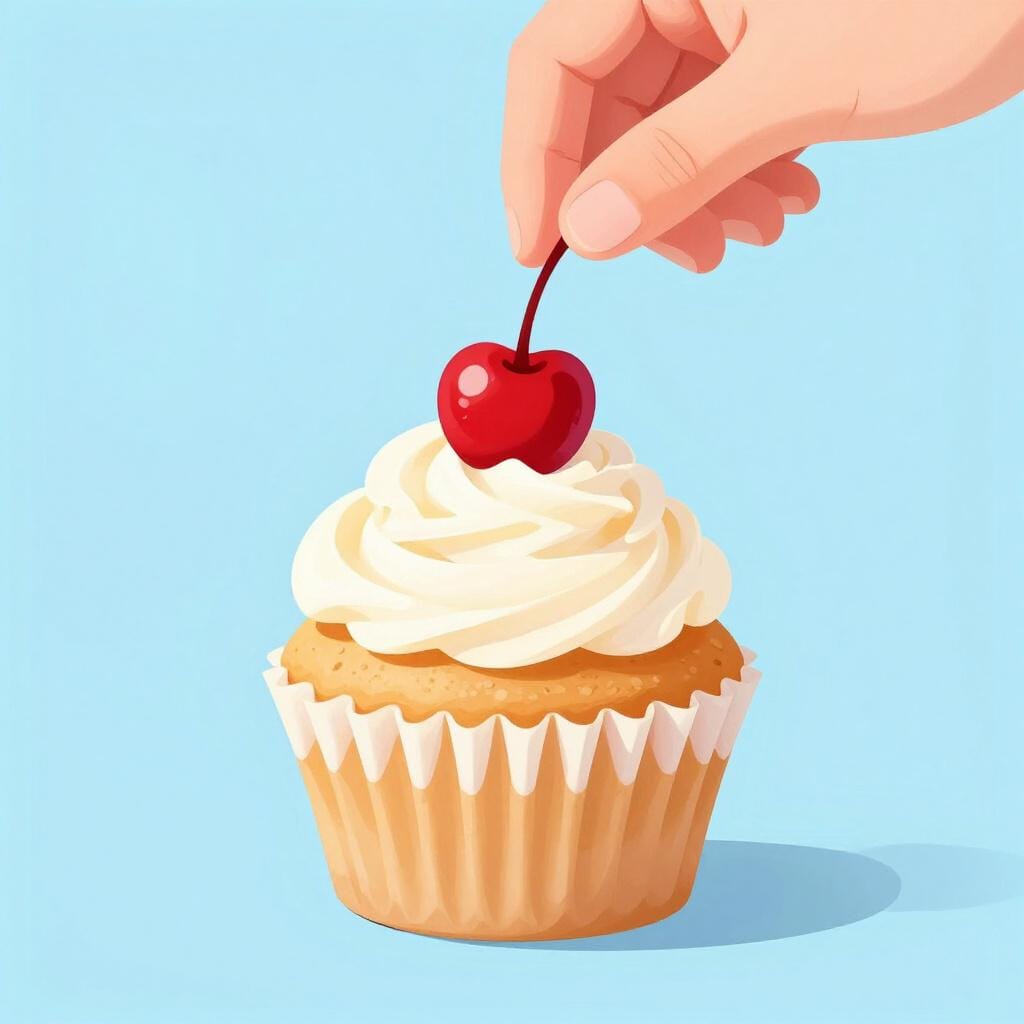 Una ciliegia rosso brillante che viene posta sopra una nuvola di panna montata su un cupcake.