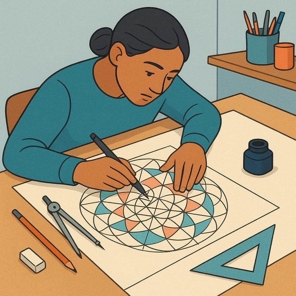 A person is sitting at a large drafting table, concentrating while actively drawing a geometric pattern using a specialized pen and ruler.