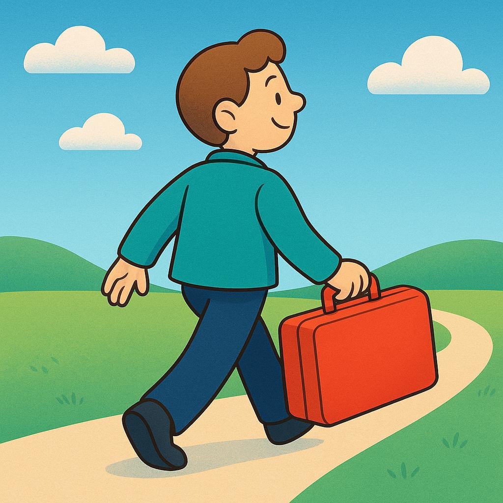 A cartoon person walking cheerfully while carrying a brightly colored red suitcase, illustrating the act of taking something along.