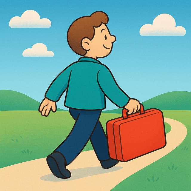 Une personne de dessin animé marchant joyeusement en portant une valise rouge vif, illustrant l'acte d'emporter quelque chose.