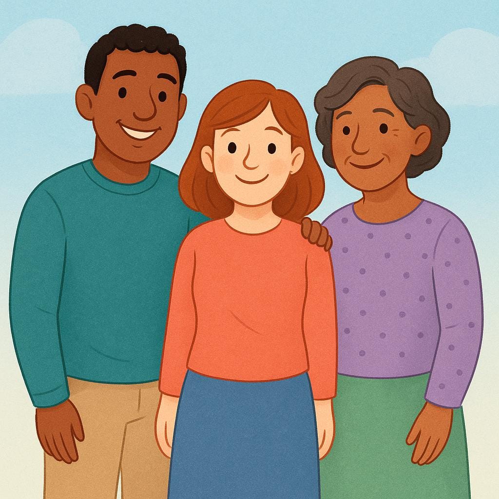 Um pequeno grupo de três adultos: um homem e duas mulheres, parados juntos e sorrindo.