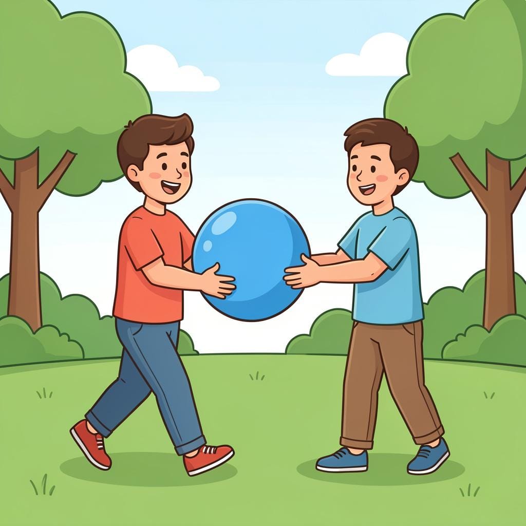 A person extending their hands to receive a blue ball being brought to them.