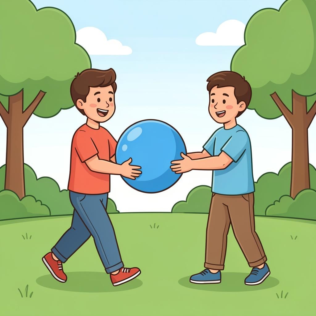 A person extending their hands to receive a blue ball being brought to them.