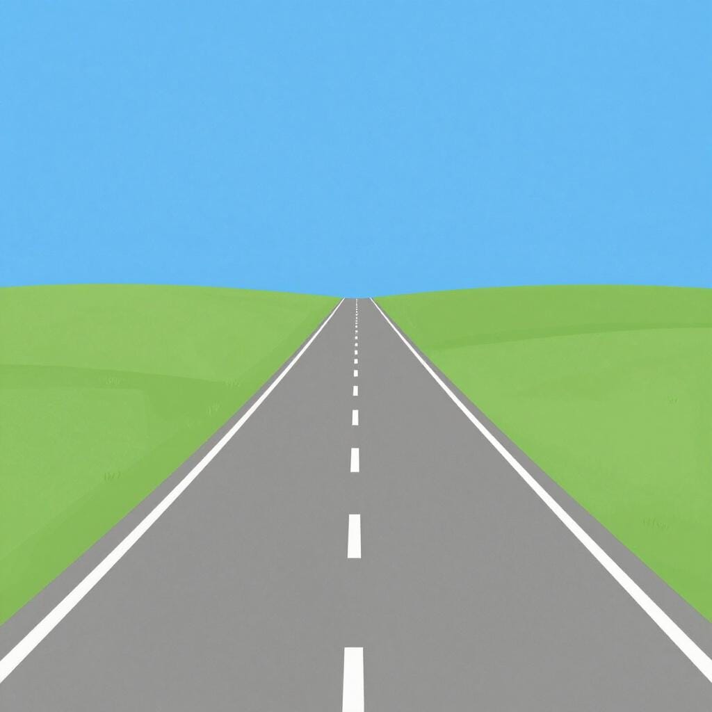 Une route pavée très large s'étendant sur un paysage plat vers l'horizon.