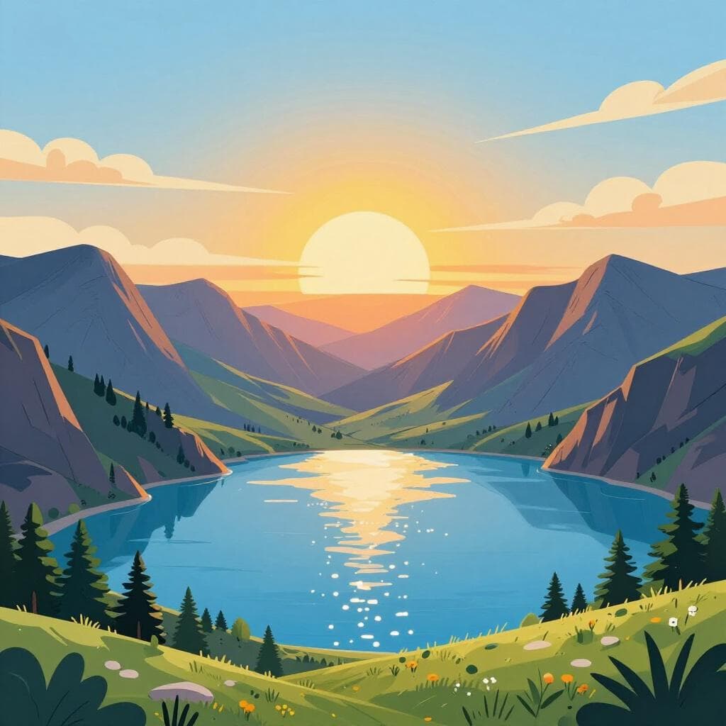A stunning, vibrant landscape featuring a crystal clear lake reflecting a majestic mountain range under a golden sunset.
