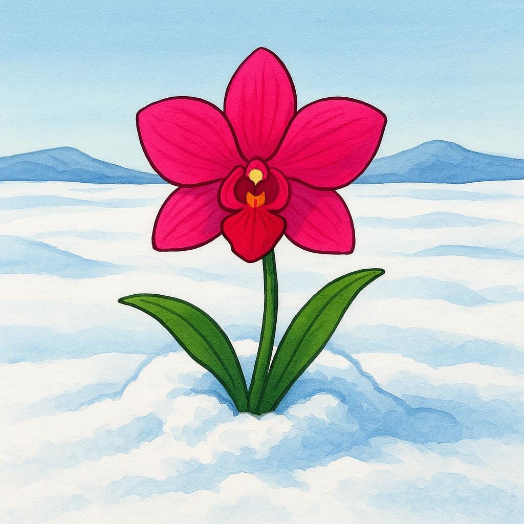 En enda, färgglad, taggig rosa tropisk blomma som växer ur en fläck av djup vit snö, vilket illustrerar något av främmande ursprung.