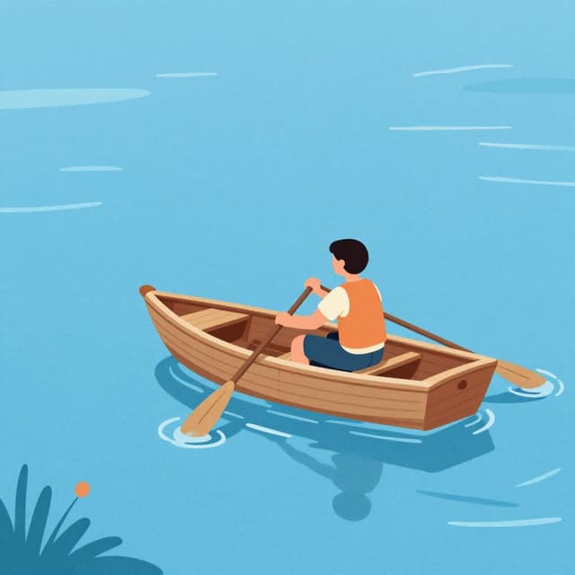 A person sitting in a small wooden boat on calm blue water, holding two wooden oars and pulling them to move forward.