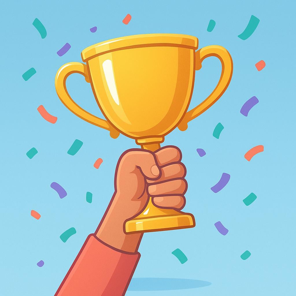 A stylized hand holding a large, shiny gold trophy high above its head, symbolizing a victory or award.