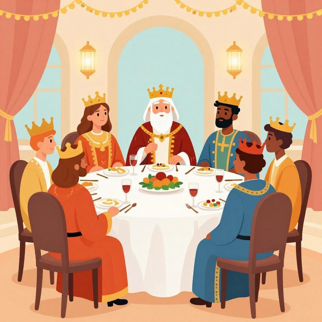 Um grupo de pessoas usando coroas de ouro ornamentadas e vestes de veludo sentadas a uma longa mesa com um banquete.