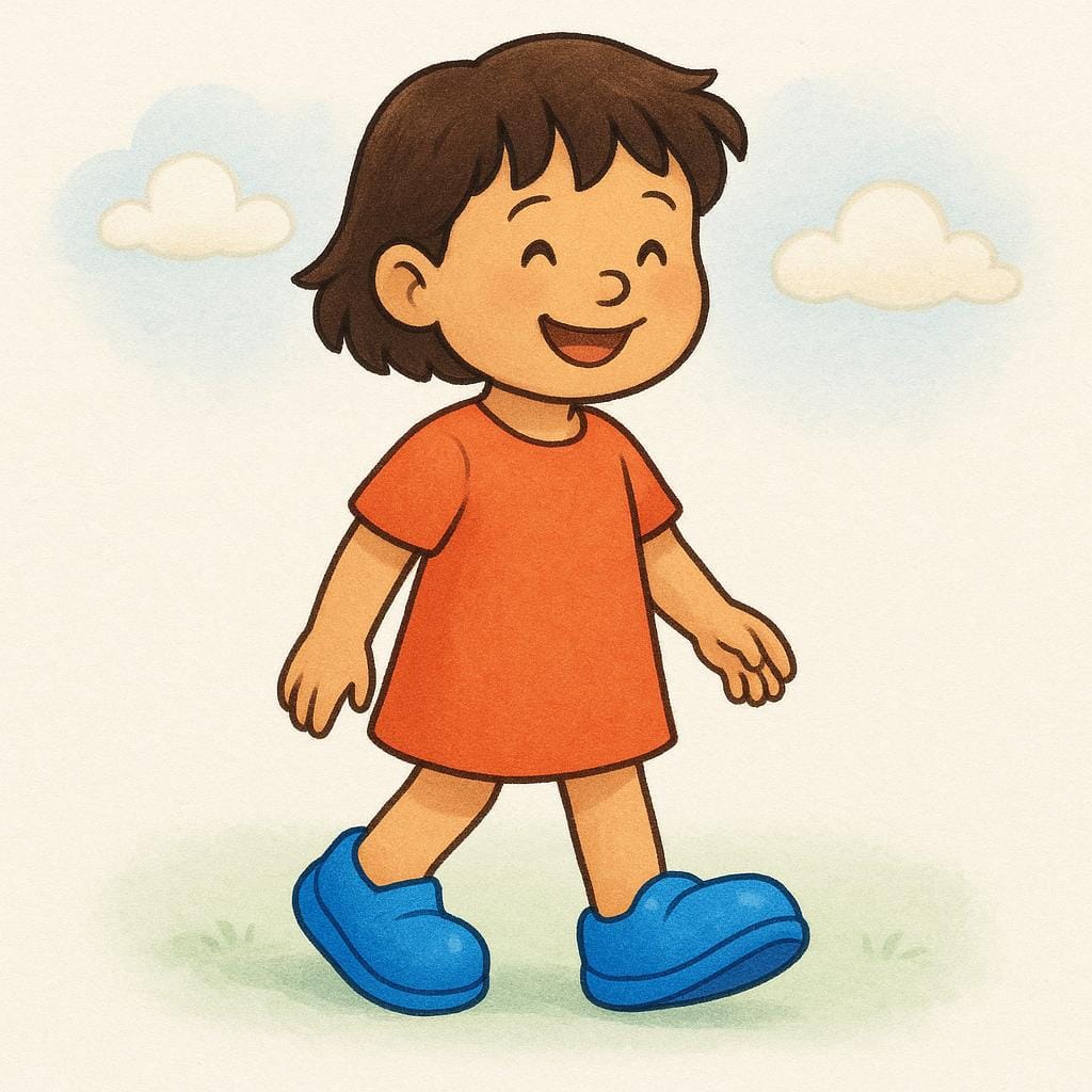 A child's feet wearing a pair of blue shoes that are the correct size, demonstrating a perfect fit.