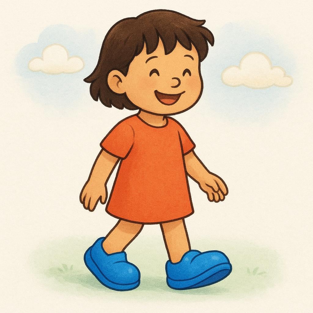 A child's feet wearing a pair of blue shoes that are the correct size, demonstrating a perfect fit.