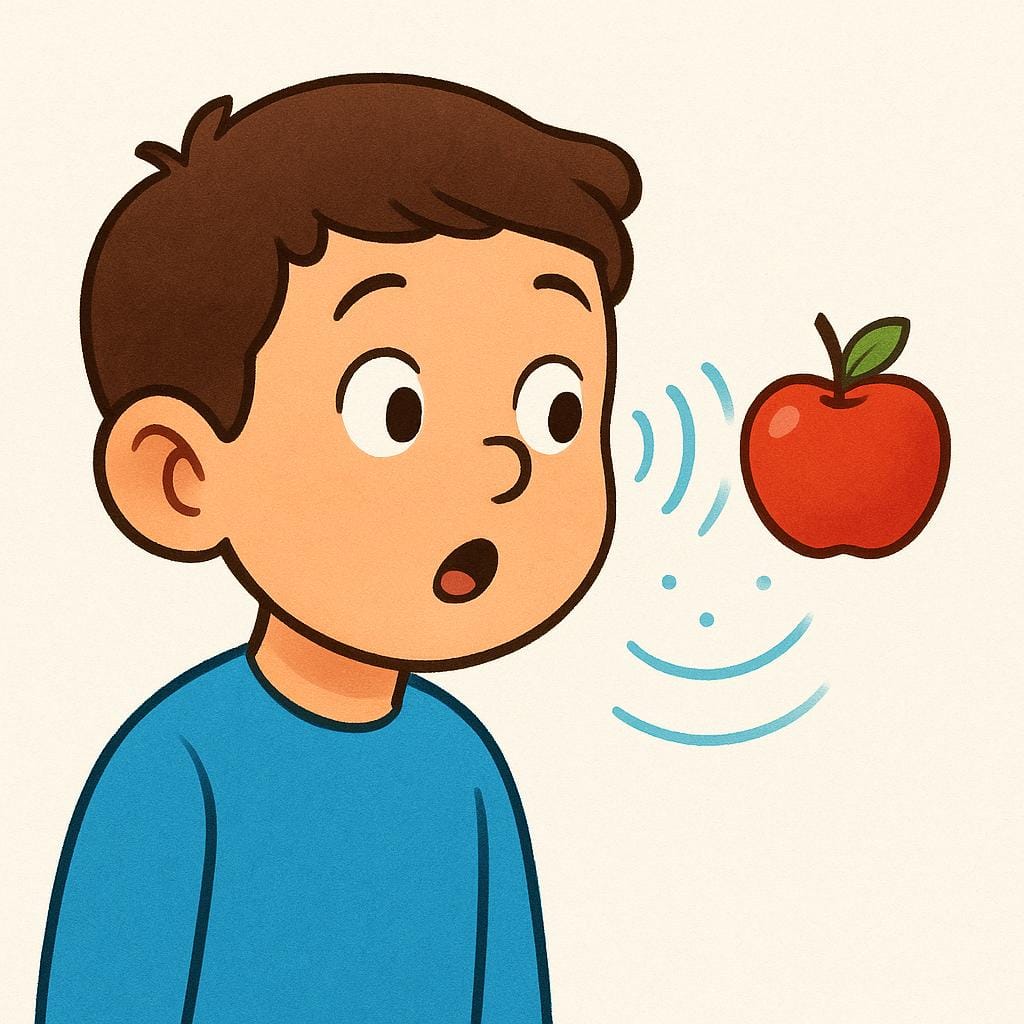 A simple character listening intently with a look of sudden recognition. Stylized sound waves enter their ear and visually connect to a small, simple, familiar object (like a hat) floating near their head, symbolizing recognition and memory.