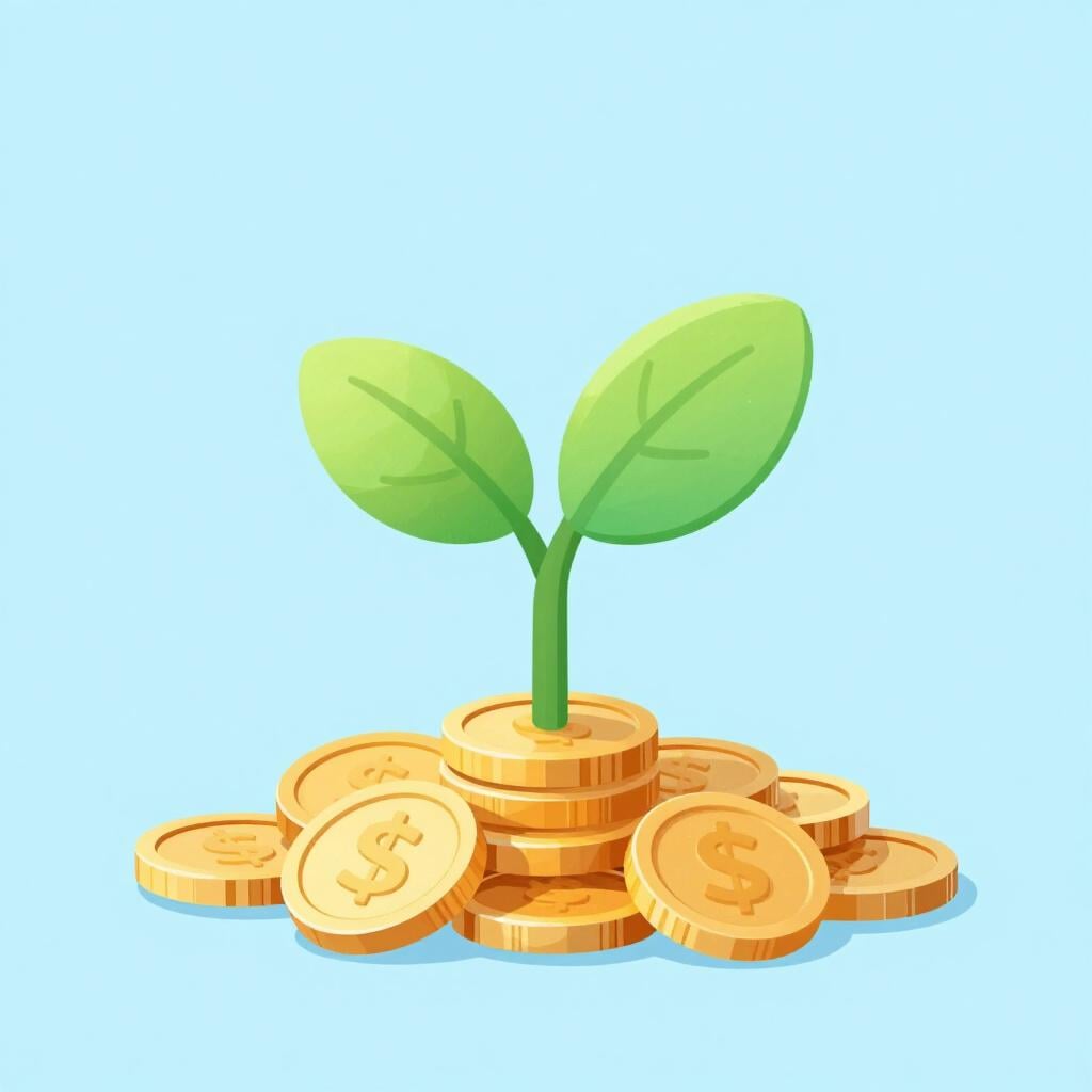 A small green sprout growing out of a pile of gold coins.
