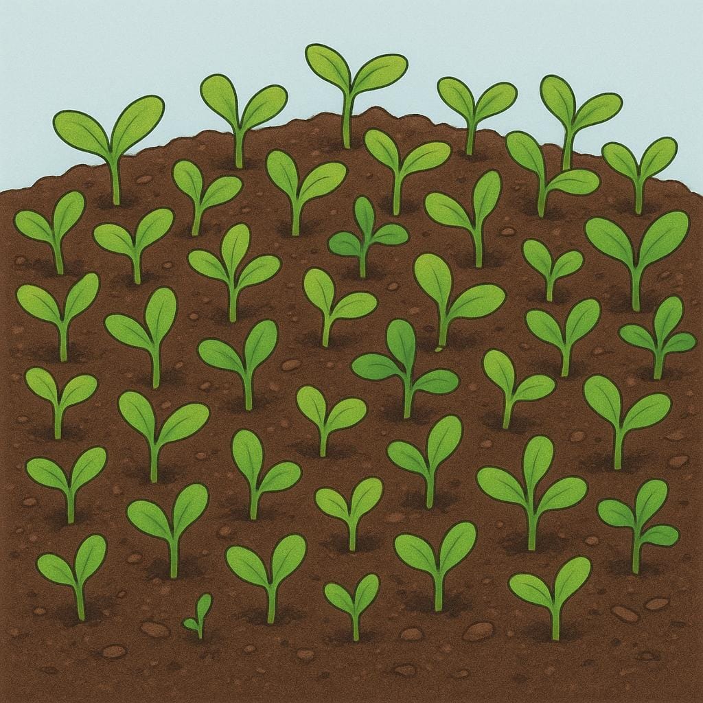 A close-up view of dark, fertile soil with small, vibrant green sprouts growing abundantly from it.