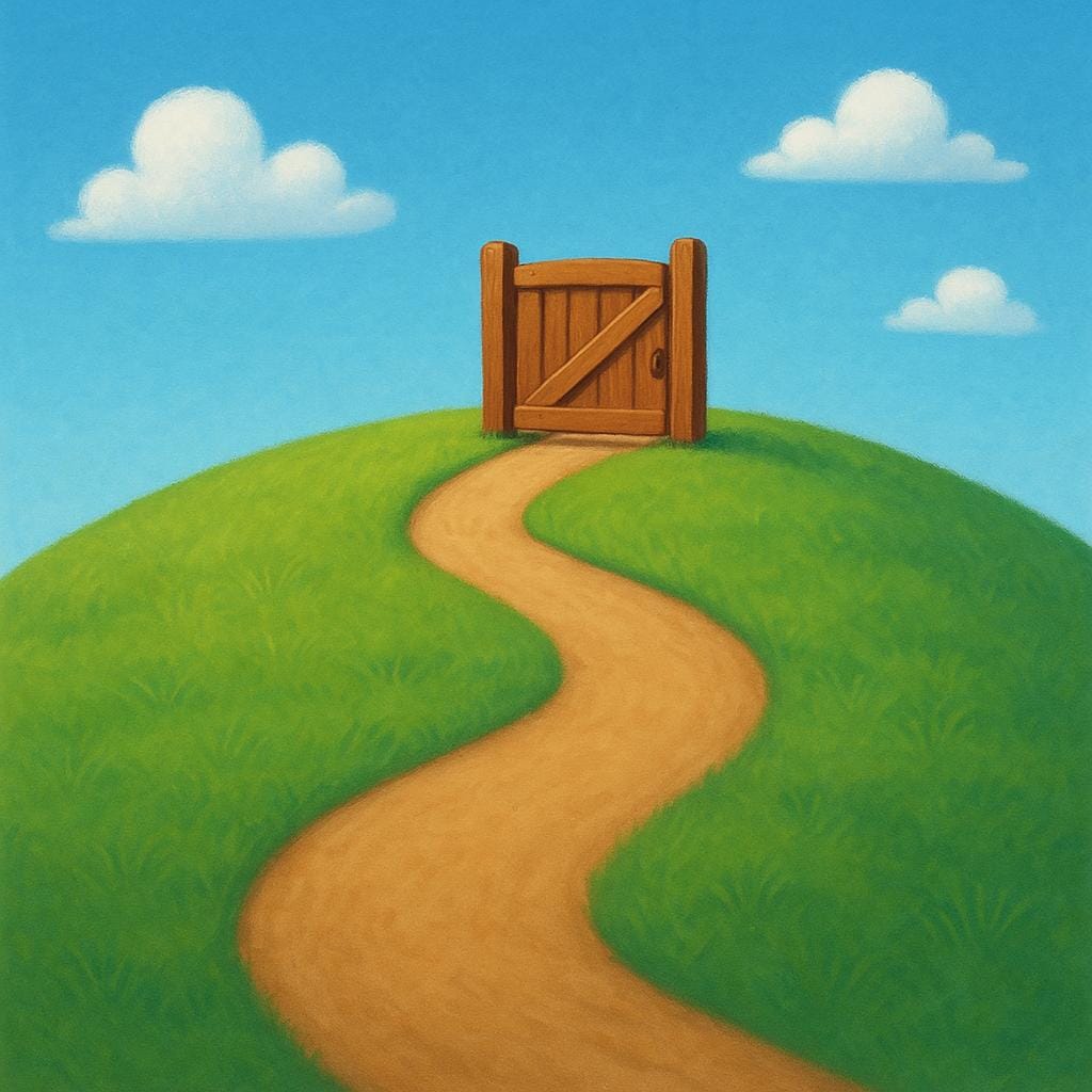 Un sentiero ampio e sgombro che sale su una dolce collina verso una destinazione aperta e luminosa, che simboleggia la possibilità.