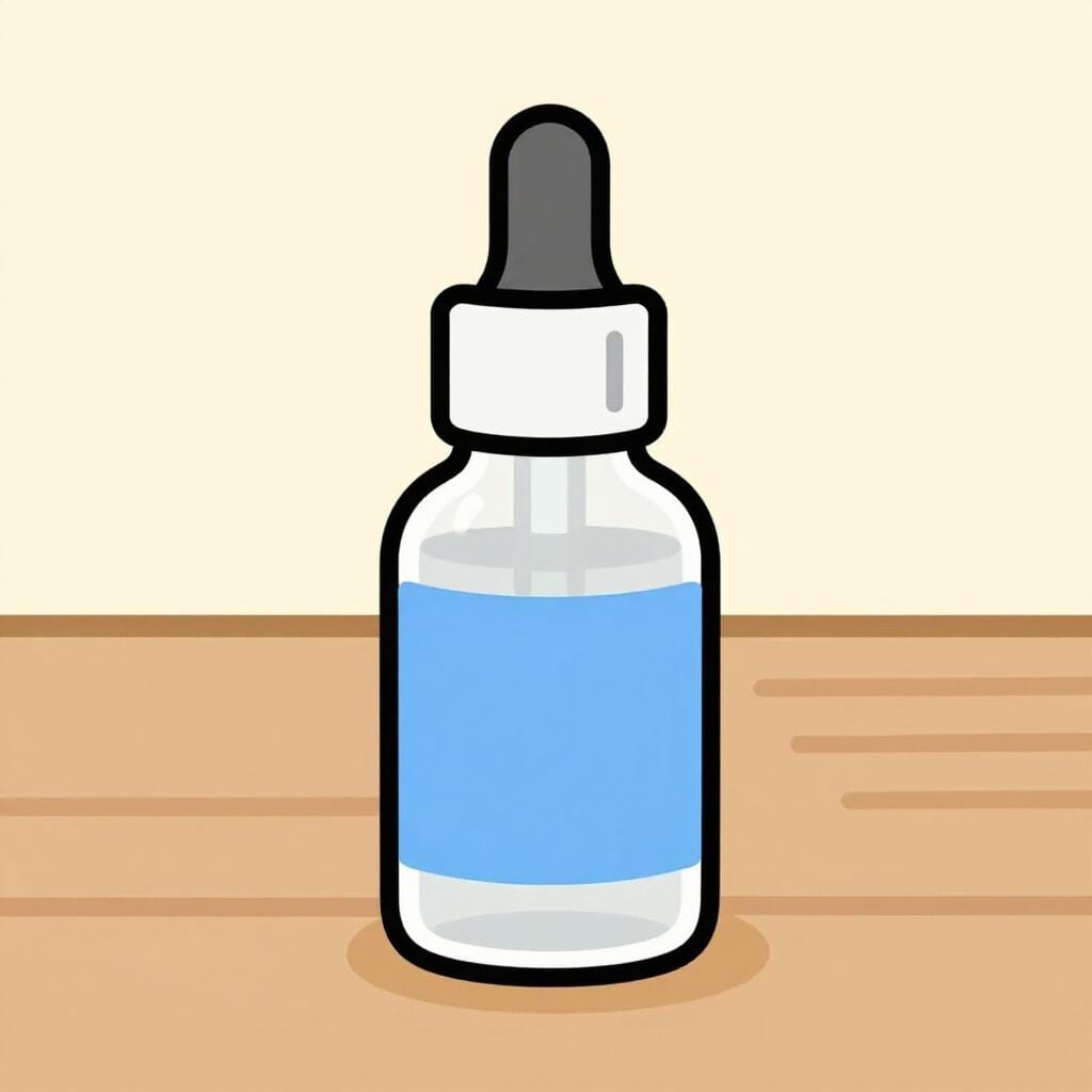 A small glass bottle with a blue label and a dropper sitting on a clean wooden table.