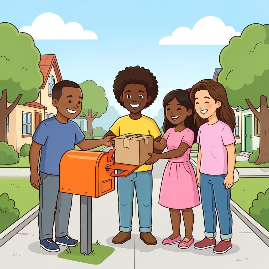 A group of three people together putting a wrapped gift package into a large mailbox.