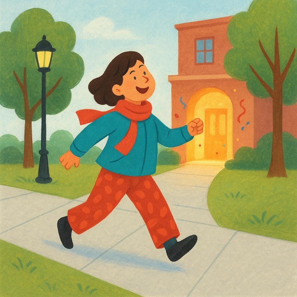 A smiling person wearing colorful, festive clothing is walking along a path toward a brightly lit building, suggesting they are going to a social gathering.