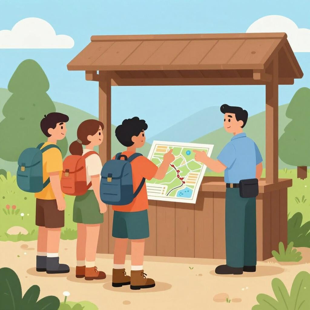 A group of travelers looking at a large map and gesturing to a park ranger for directions.