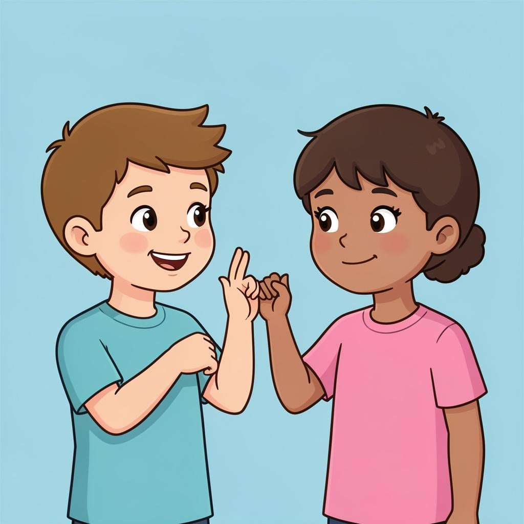 A child crossing their fingers behind their back while making a pinky swear with a friend.