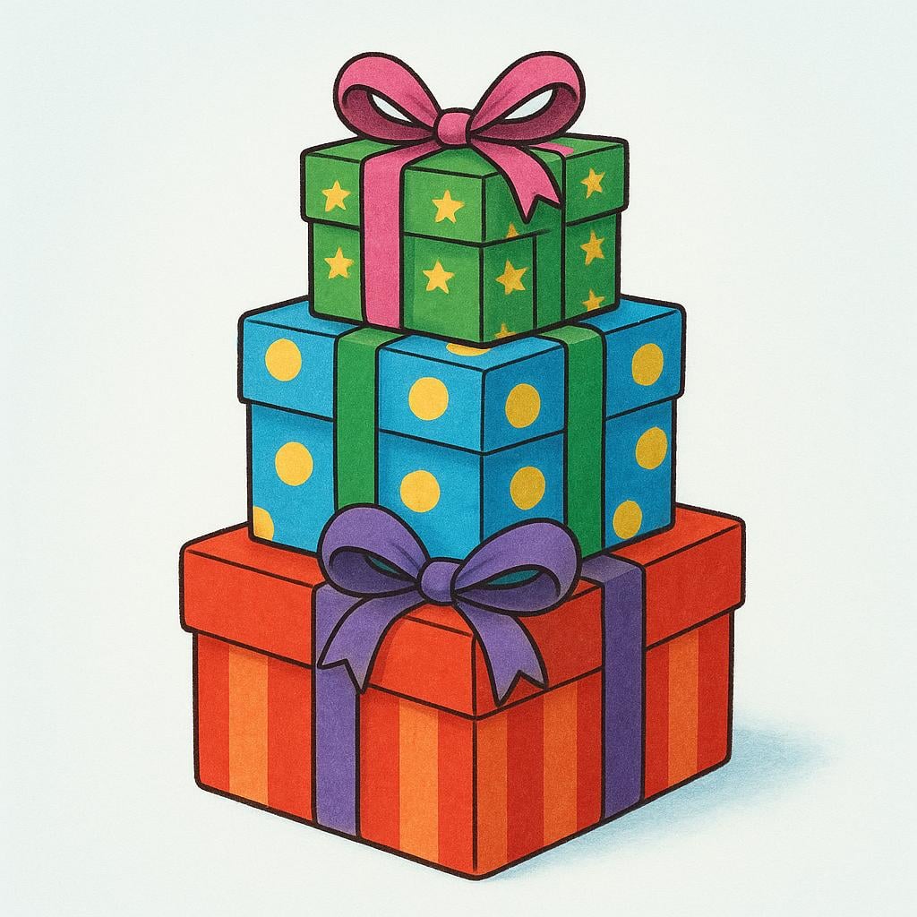 A stack of three brightly colored, neatly wrapped gift boxes tied with bows, suggesting presents.