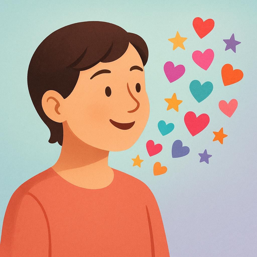 A storybook illustration showing a person talking. Small, brightly colored hearts and stars are floating away from their mouth, symbolizing that the sound of their voice gives a pleasant impression.
