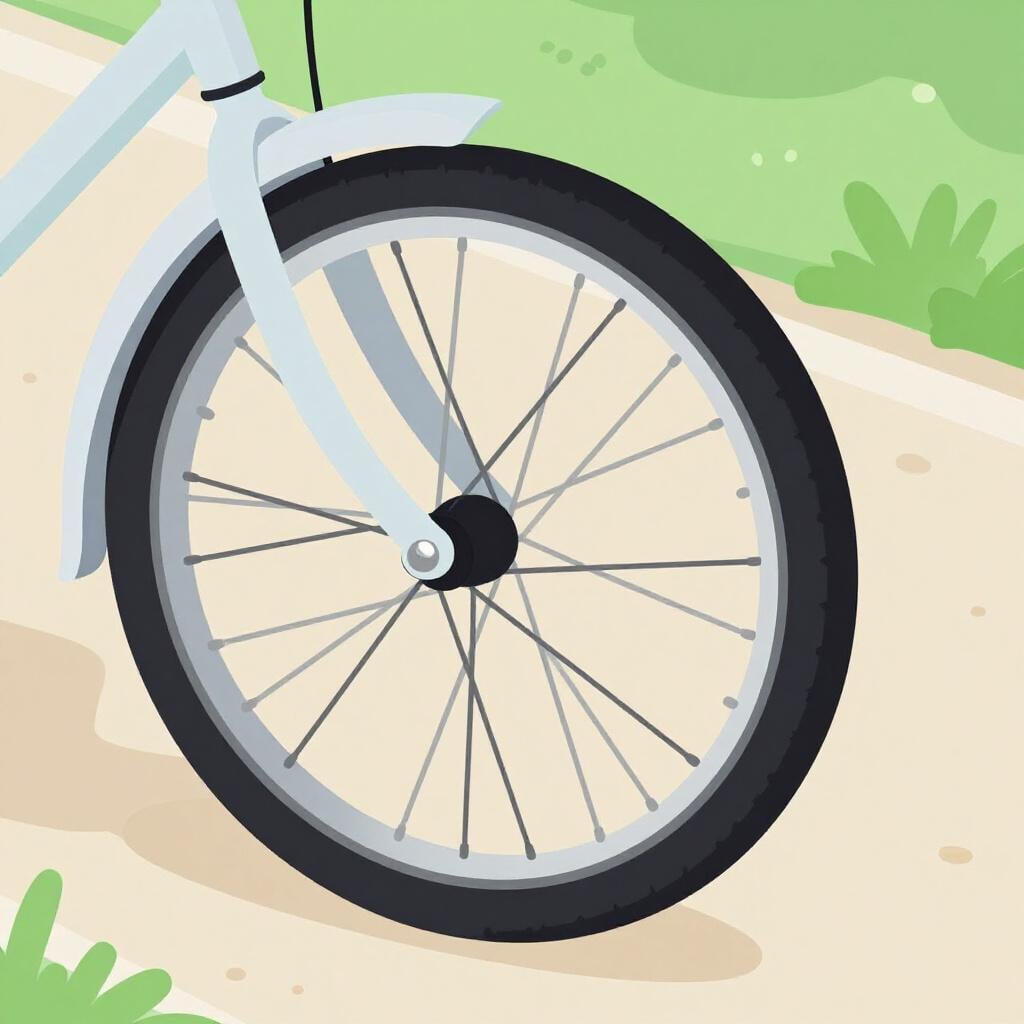 A bicycle wheel on the ground with a large metal nail stuck in the rubber tire.
