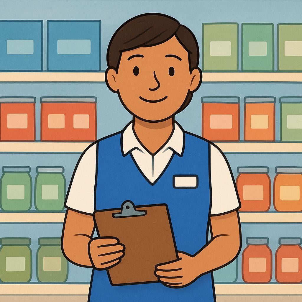 A smiling person wearing a blue vest and holding a clipboard, standing in front of a neatly organized shelf section in a store, symbolizing a manager.