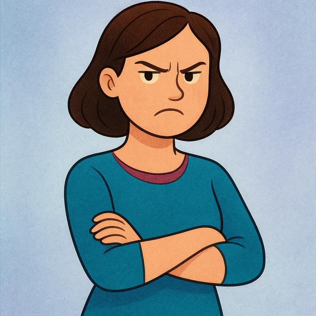 A storybook illustration of a woman looking very angry and stern with her arms crossed.
