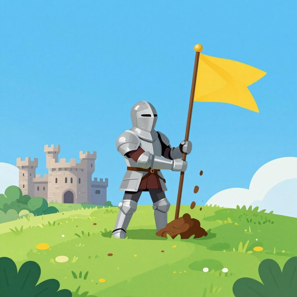 Un chevalier se tenant sur une colline, plantant un drapeau coloré dans le sol avec un château au loin.