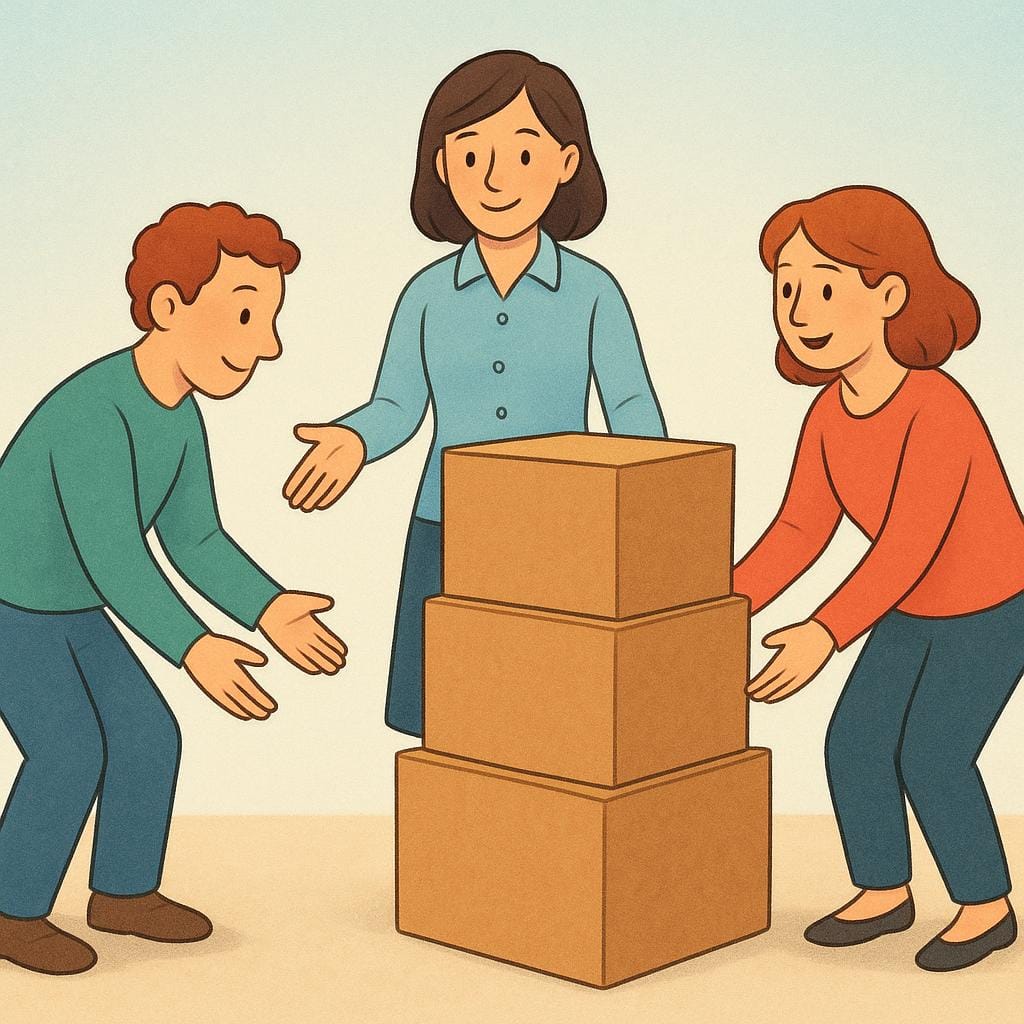 A person formally requesting assistance from two other people who are standing ready to help them move a stack of heavy boxes.