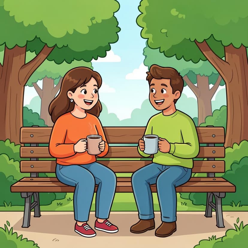 Two people sitting on a park bench talking and laughing together over coffee.