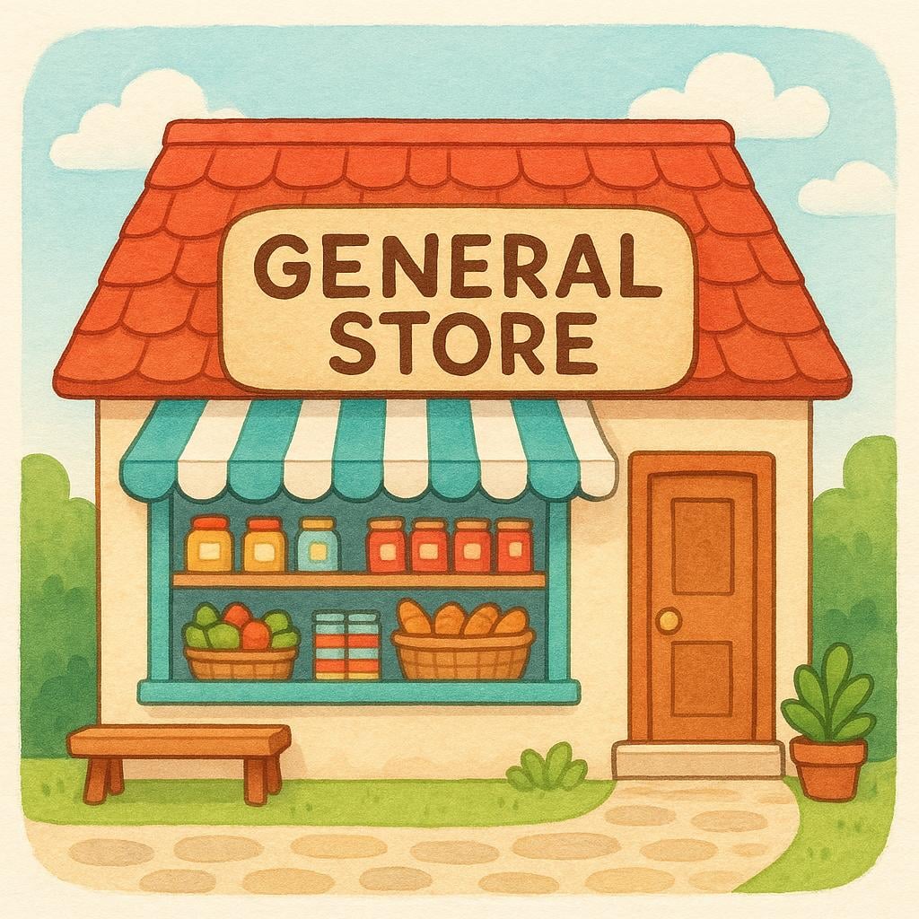 A small, colorful shop with a large window displaying various goods like jars and baskets, representing a general store.